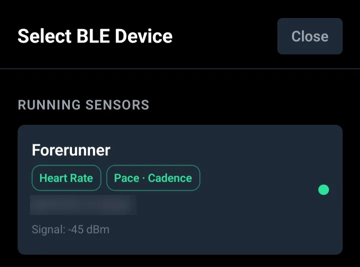Device list with a Garmin Forerunner under Running sensors, tagged Heart Rate and Pace · Cadence