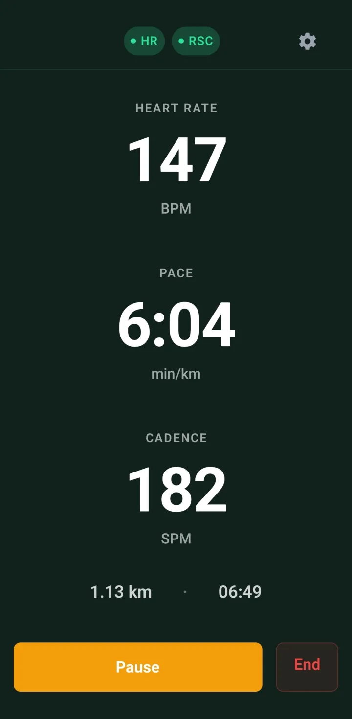 RunHUD running session screen showing heart rate 147 BPM, pace 6:04 min/km, cadence 182 SPM, 1.13 km in 6 minutes 49 seconds