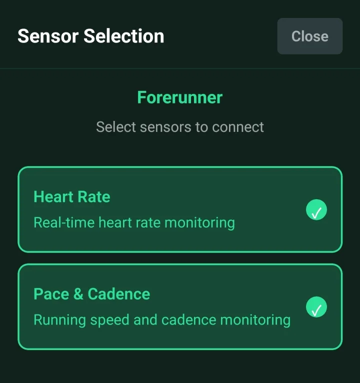 Sensor selection screen with Heart Rate and Pace and Cadence both selected for a Garmin Forerunner